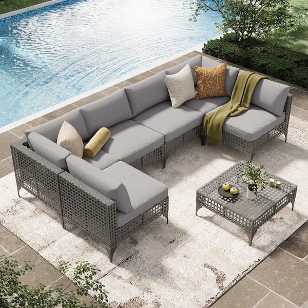 Sudzendf Gray 7-Piece Rattan Wicker Boho Outdoor Patio Conversation Set with Gray Cushions and Tea Table