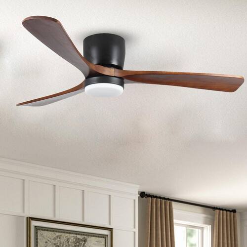42 in. Integrated LED Modern Black Indoor Wood Ceiling Fan Light Flush Mount Low Profile for Bedroom Lighting