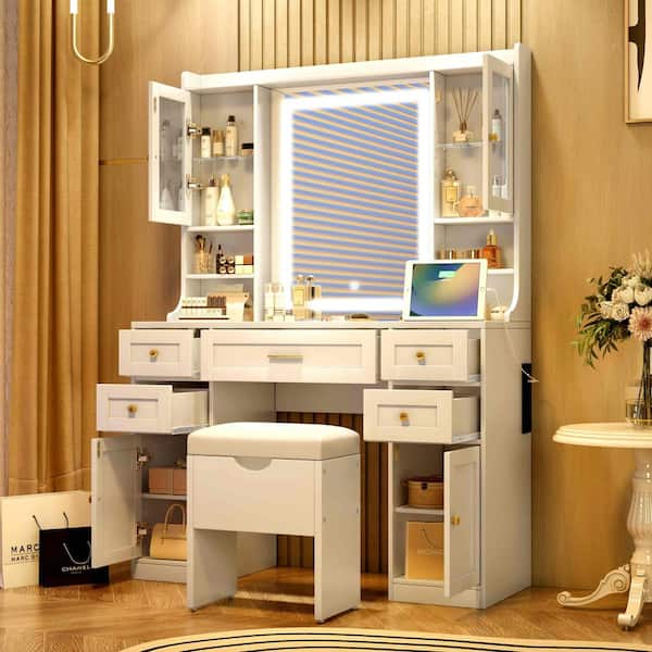 Polibi 5 Drawers White Wooden Makeup Vanity Table with Large Lighted Mirror 4 Cabinets Charging Station Cushioned Stool RS 39578236K The Home Depot