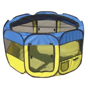 All-Terrain Lightweight Easy Folding Wire-Framed Collapsible Travel Dog Playpen in Blue/Yellow - LG