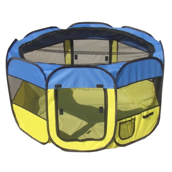 PET LIFE All-Terrain Lightweight Easy Folding Wire-Framed Collapsible Travel Dog Playpen in Blue/Yellow - LG