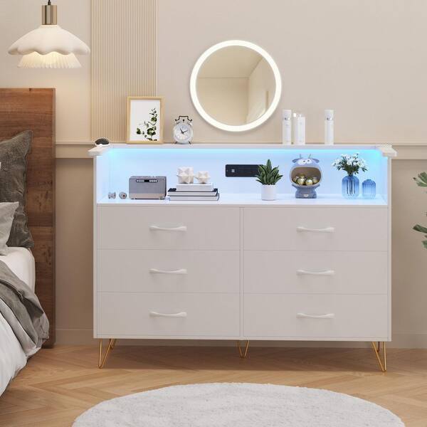 Led Between Drawers 49.1 in. White Dresser with LED Light for Bedroom 6-Drawer, Wooden ...