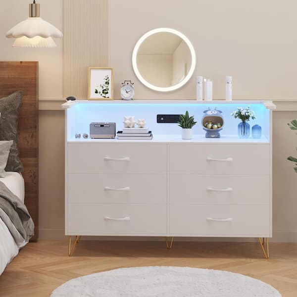 Garvee 49.1 in. White Dresser with LED Light for Bedroom 6-Drawer, Wooden Chest of Drawers with Charging Station PHO_11G72WTG-YXY - The Home Depot Garvee 49.1 in. White Dresser with LED Light for Bedroom 6-Drawer, Wooden Chest of Drawers with Charging Station PHO_11G72WTG-YXY - The Home Depot