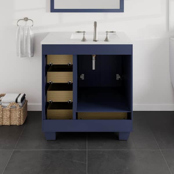 Eviva Acclaim 30 in. W x 22 in. D x 34 in. H Single Sink Freestanding Bath Vanity in Blue with White Carrara Quartz Top