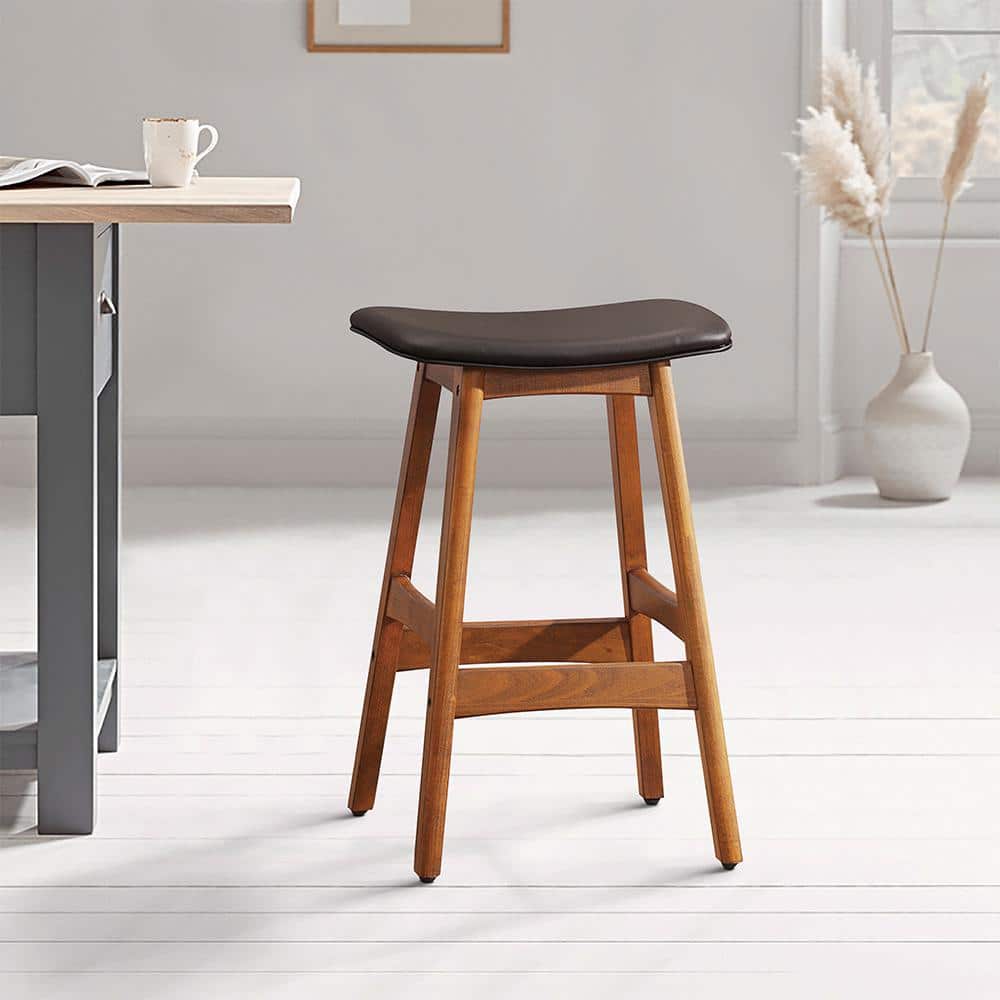 Brown Faux Leather Saddle Counter Stool with Walnut Wood Frame