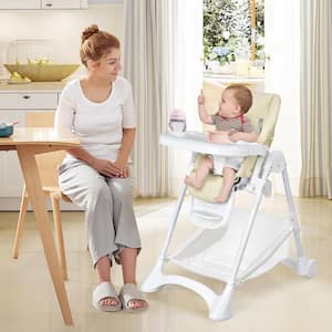 Beige Convertible Folding Adjustable High Chair w/Wheel Tray Storage Basket