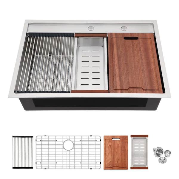 33 in. Drop-in Single Bowl 16 Gauge Brushed Nickel Stainless Steel Kitchen Sink with Drain, Cutting Board and Colander