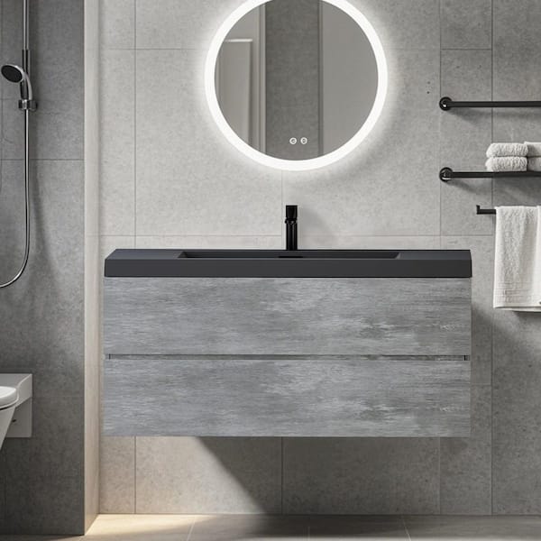 48 in. Wall-Mounted Floating Bath Vanity with Single Black Quartz Sink Top in Grey