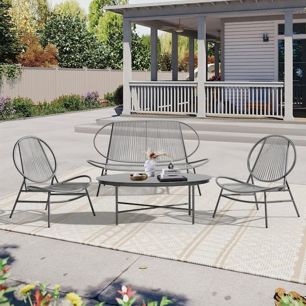 JEAREY 4-Piece Grey Round Rattan Patio Rust-Proof Outdoor Bistro Set