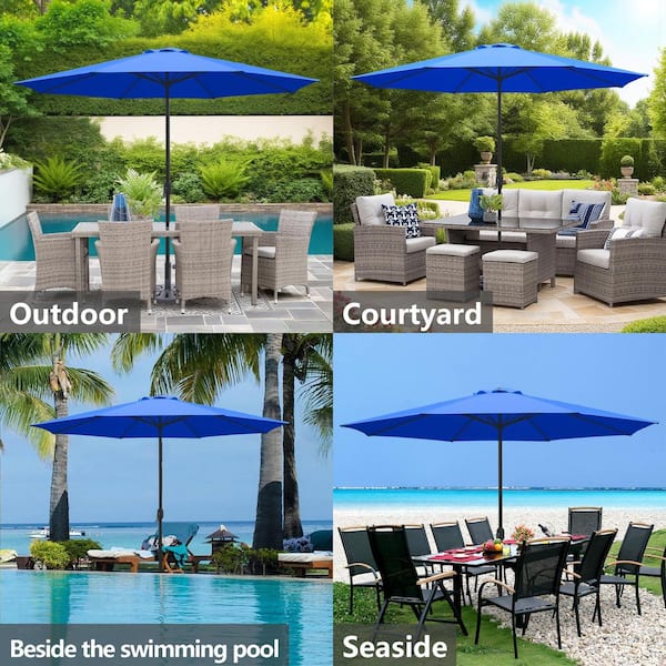 cobalt blue patio umbrellas Maypex 11 ft. Steel Market Crank Patio Umbrella in Royal Blue