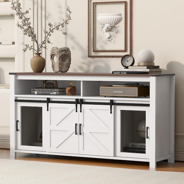 Farmhouse 59.3 in. Brown and White Wood Sideboard Buffet with Sliding Barn Door and Mesh Panels
