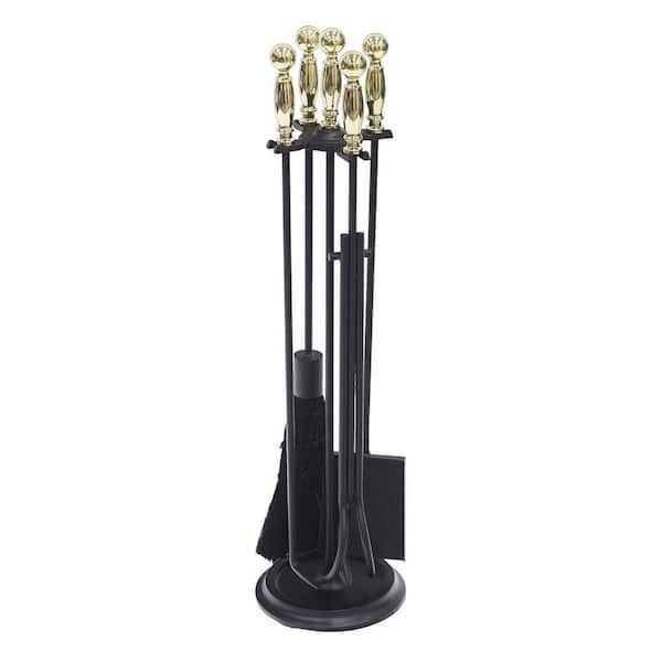 ACHLA DESIGNS 30.25 in. Tall 5-Piece Polished Brass and Black Chelmsford Fireplace Tool Set