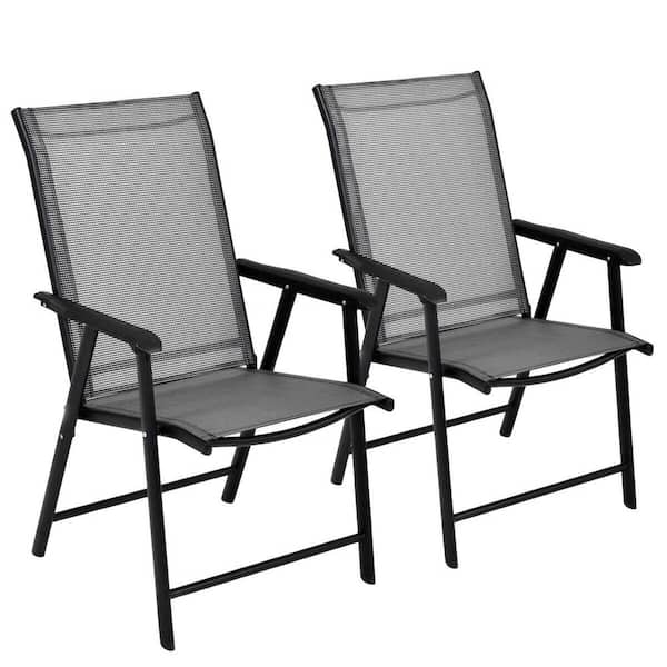 Metal Patio Folding Outdoor Dining Chair in Gray with Ergonomic Armrests Set of 2