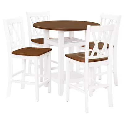 5-Piece Round Wood Top Cherry and White Dining Table Set with 4-Chairs