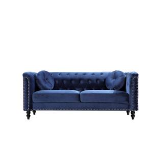 Vivian 75.98 in. W Blue Classic Dark Blue Flared Arm Velvet 3-Seats Straight Chesterfield Sofa with Nailheads