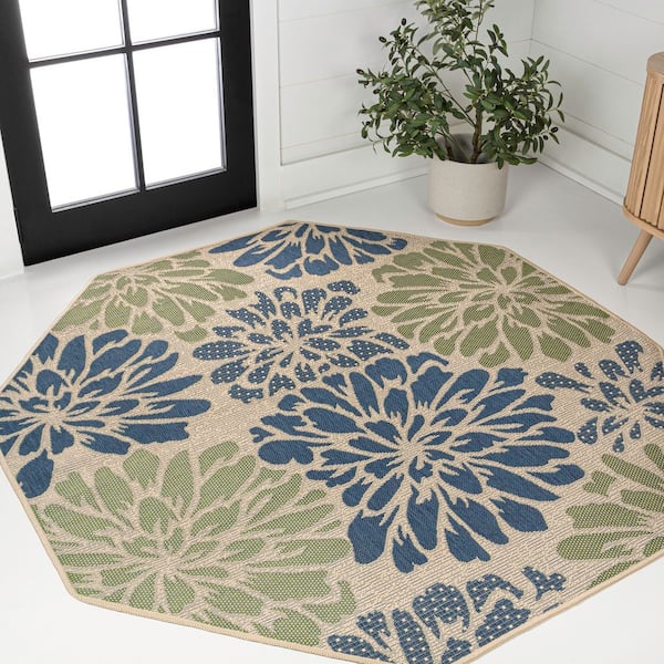 Zinnia Modern Floral Textured Weave Navy/Green 8 ft. Octagon Indoor/Outdoor Area Rug