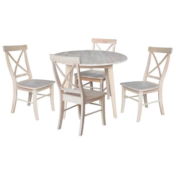 International Concepts Set of 5-pcs - 42 in. Unfinished Drop-Leaf Solid Wood Table and 4-Side Chairs
