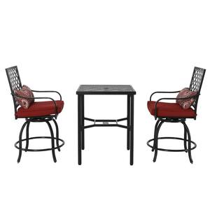 3-Piece Metal Swivel Patio Bistro Set with Red Cushions Outdoor Furniture Set with Umbrella Hole in Black