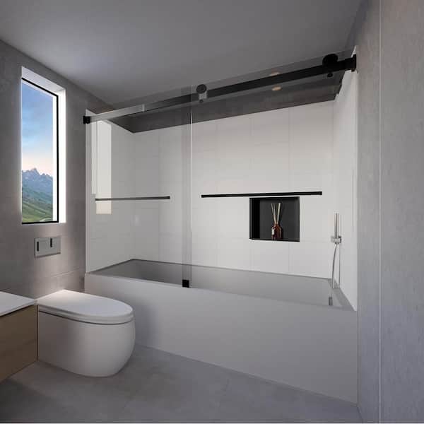 NuVo Winter White-Tetherow 60 in. L x 32 in. W x 83 in. H Rectangular Tub/ Shower Combo Unit in Matte Black Right Drain