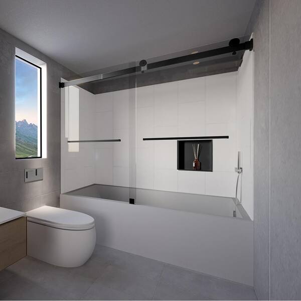 Winter White-Tetherow 60 in. L x 36 in. W x 83 in. H Rectangular Tub/Shower Combo Unit in Matte Black Right Drain