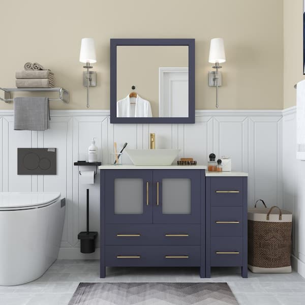 Ravenna 42 in. W Single Basin Bathroom Vanity in Blue with White Engineered Marble Top and Mirror