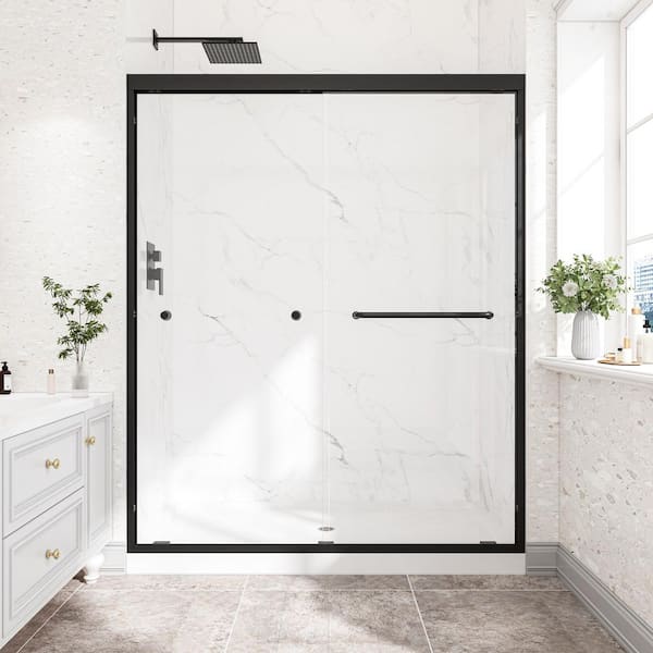 Jack 60 in. W x 72 in. H Double Bypass Sliding Door in Matte Black with Tempered Glass, Nano Explosion-Proof Film