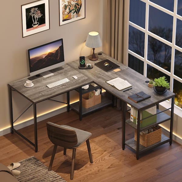 Bestier 95 in. Retro Grey Oak-Dark L-Shaped Computer Desk with