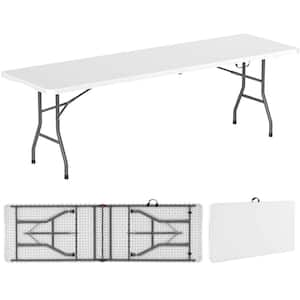 96 in. White Rectangle Metal Portable Folding Table with HDPE Tabletop Safe Lock Mechanism Carrying Handle