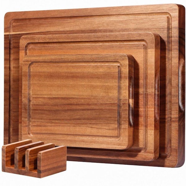 3-Piece Acacia Wood Cutting Board, Solid Wooden Cutting Board with Holder and Built-in Handles for Kitchen