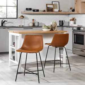 Modern 24 in Whiskey Brown Low Back Metal Counter Stool Faux Leather Seat, Set of 2 Included