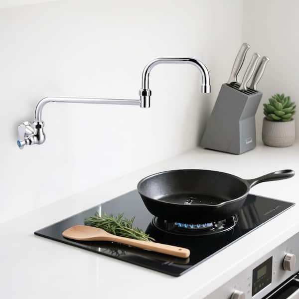 Wall Mounted Commercial Brass Pot Filler Folding Kitchen Sink Faucet with Double Joint Swing Arms in Polished Chrome