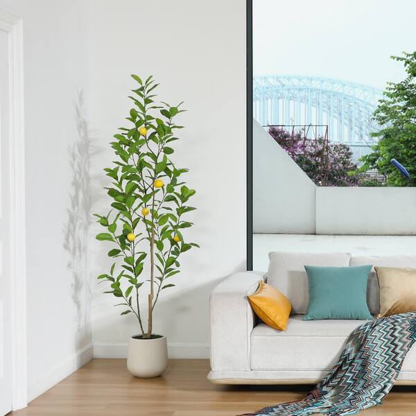 TANGZON Artificial Lemon Tree 120cm – Fake Potted Plant With Lifelike Lemons & Cement Pot