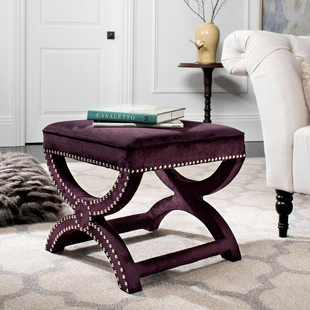 Plum Velvet Ottoman with Silver Nailhead Trim