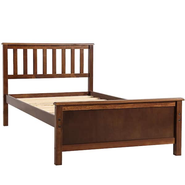 URTR Walnut Twin Size Platform Bed Frame, Wooden Platform Bed with Headboard, Twin Platform Bed with Wood Slat Support