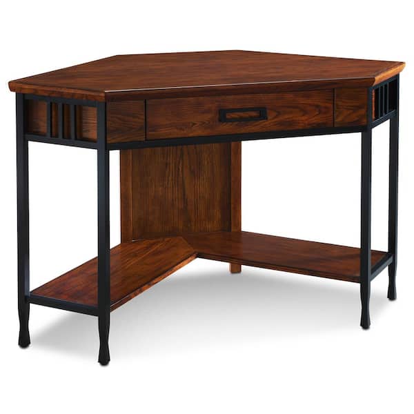 Leick Home Ironcraft 48 in.Mission Oak and Black Corner Writing/Computer Desk with Drawer and Shelf