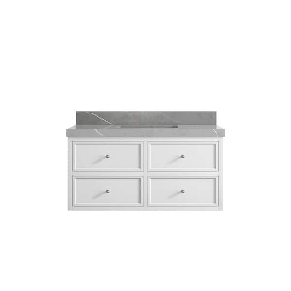 Willow Collections Roswell Floating 42 in. Single Sink Freestanding White Bath Vanity with Piatra Gray Qt. Top Unassembled