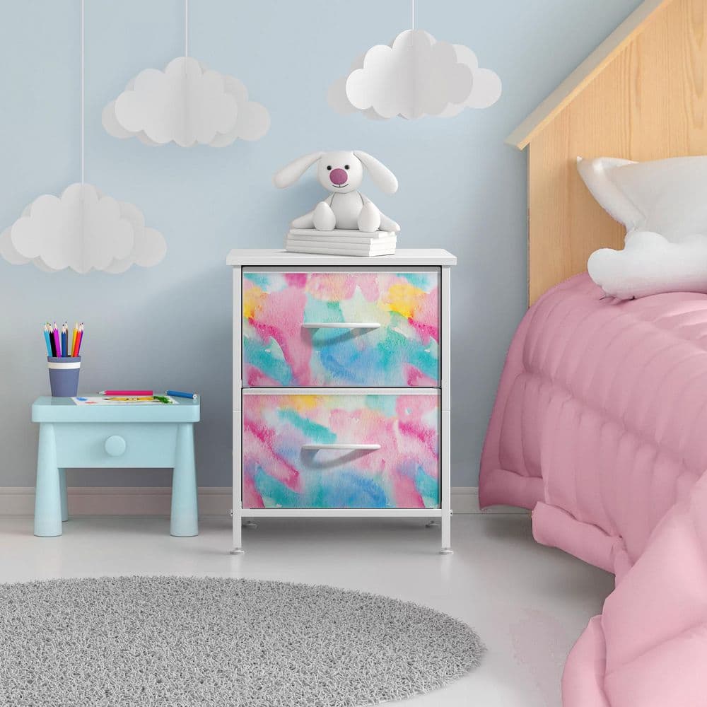 Watercolor Tie-Dye 2-Drawer 11.8 in. W Nightstand - Storage Organizer with 