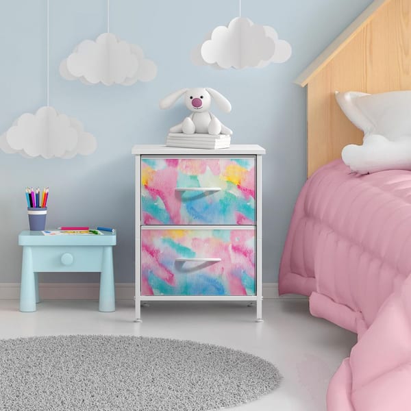 Watercolor Tie-Dye 2-Drawer 11.8 in. W Nightstand - Storage Organizer with Steel Frame, Wood Top, and Fabric Bins