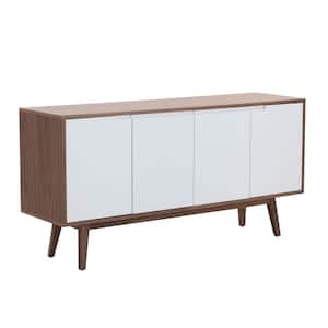 Walnut Wood and White Buffet Table with 4-Doors 2-Adjustable Shelves Solid Wood Legs Mid-Century Modern Console Table