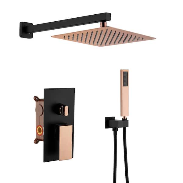 Mondawe Athens 2-Spray Patterns 10 in. Wall Mount Fixed and Handheld Shower Head 2.5 GPM in Black and Rose Gold Valve Included