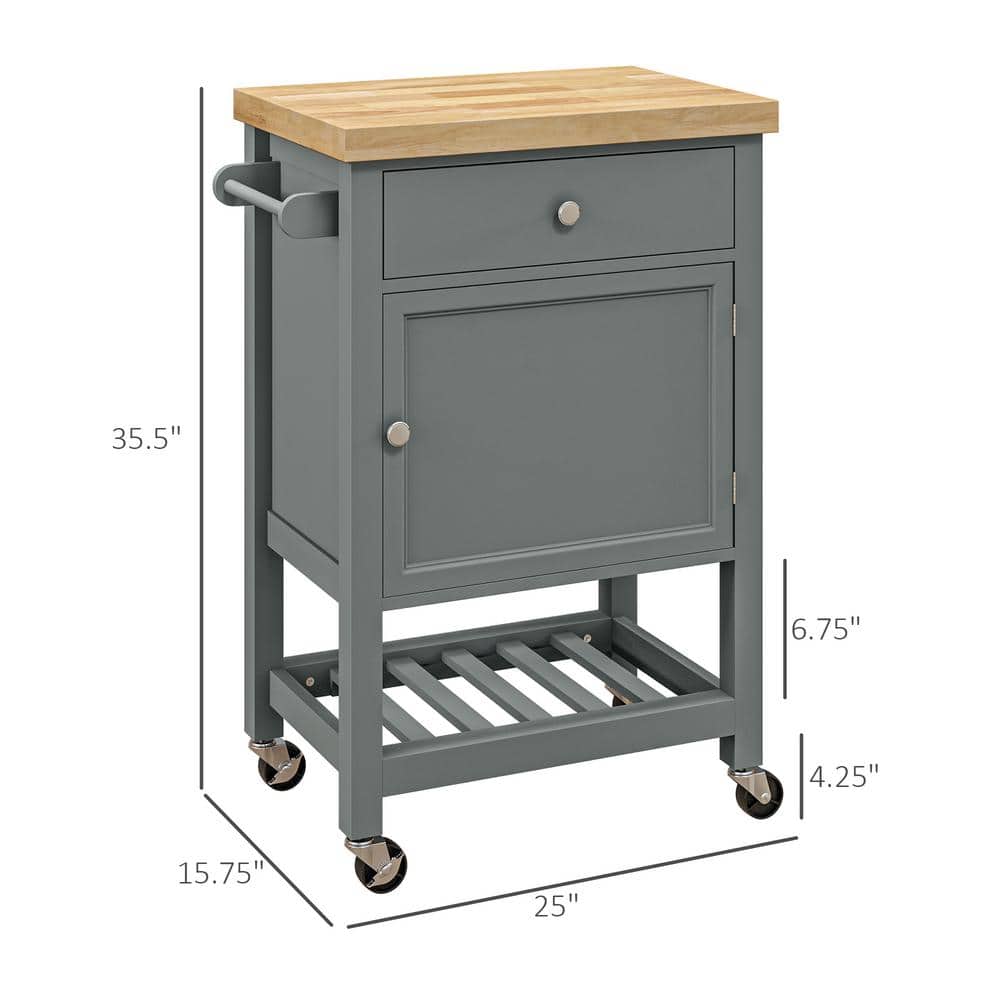 Gray Wood Rolling Kitchen Cart with Butcher Block Top and Storage