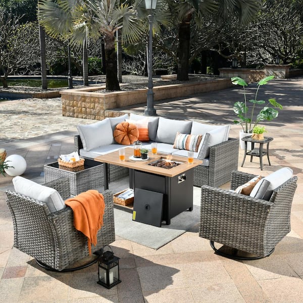 Toject Sanibel Gray 9-Piece Wicker Outdoor Patio Conversation Sofa Set with a Storage Fire Pit and Light Gray Cushions
