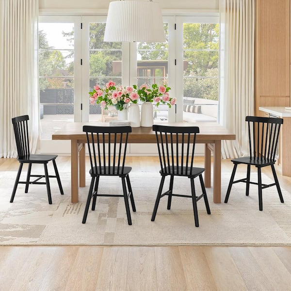 Windsor Black Solid Wood Dining Chairs with Curving Spindle Back for Kitchen and Dining Room (Set of 4)