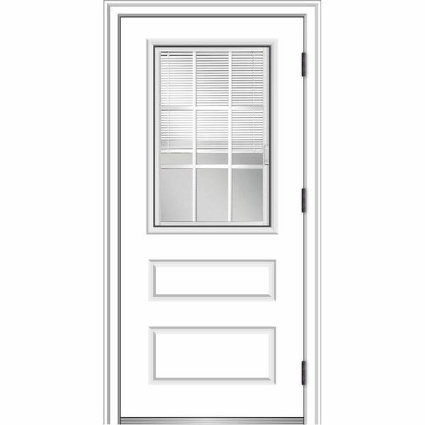 MMI Door 36 in. x 80 in. Internal Blinds/Grilles Left-Hand Outswing 1/2-Lite Clear Primed Fiberglass Smooth Prehung Front Door