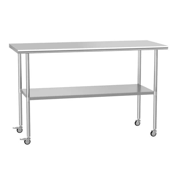 Stainless Steel Table 24 x 60 in. Metal Prep Table with wheels Adjustable Undershelf, Stainless Table for Outdoor