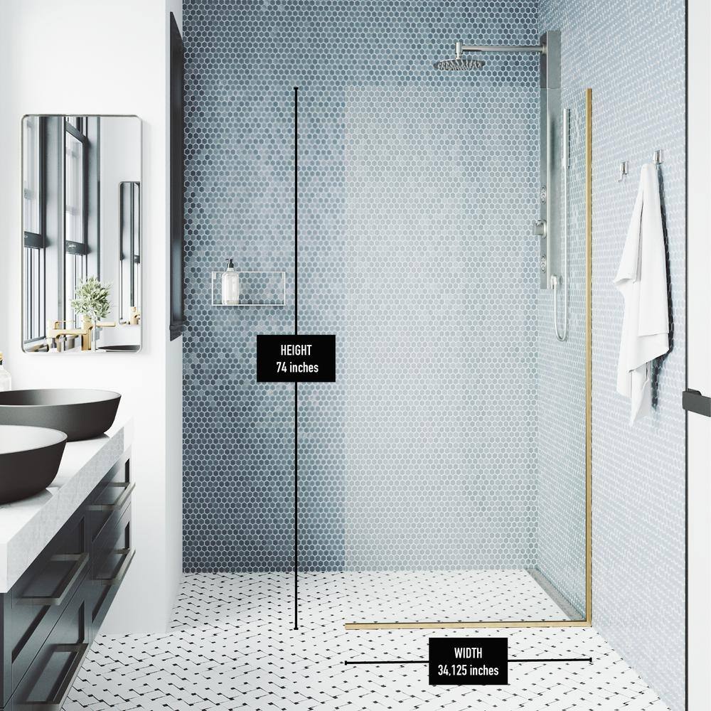 Zenith 34" W x 74" H Frameless Shower Screen with Matte Gold Hardware