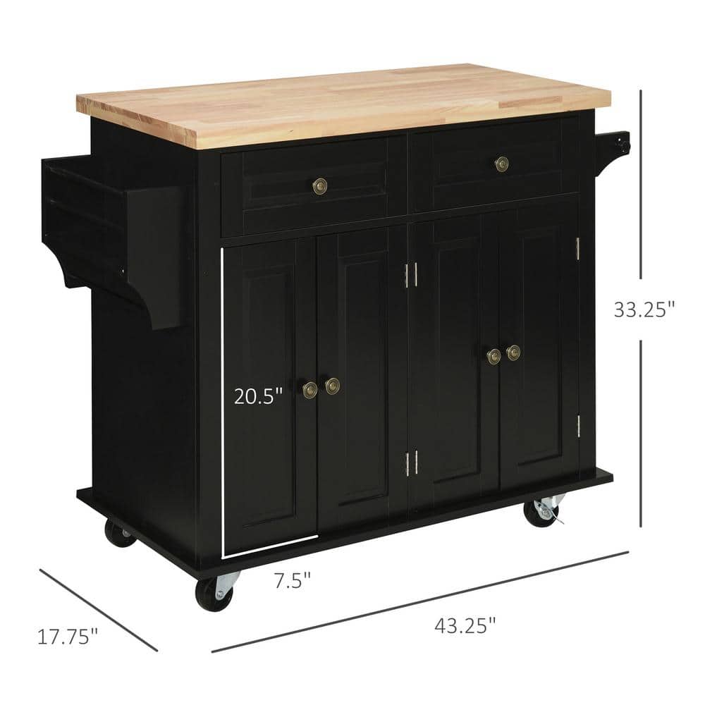 Compact Modern Black Kitchen Island Cart with Rubberwood Top and Storage