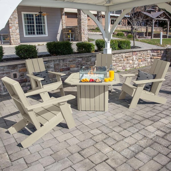 Italica Modern Adirondack Whitewash 5-Piece Recycled Plastic Patio Fire Pit Set