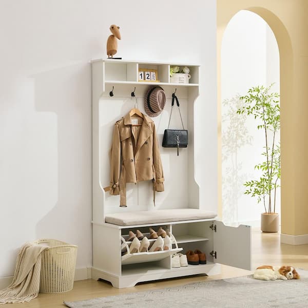 White Bench and Shoe Storage, Entryway Bench with Coat Rack, Hooks for Hallway, Living Room