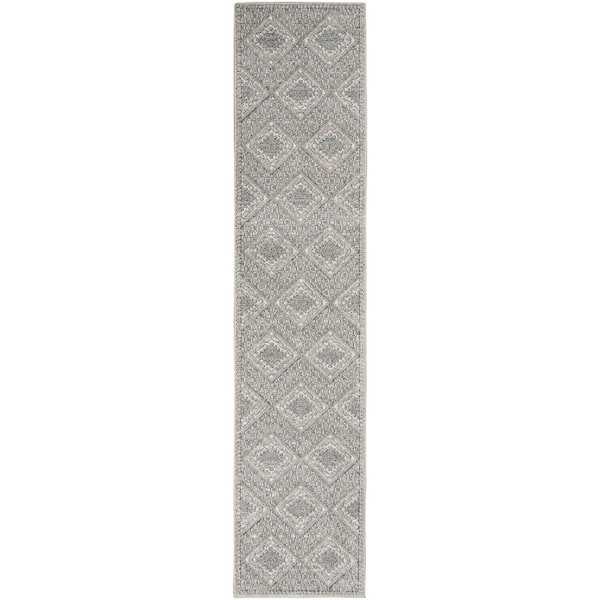 Nourison Concerto Grey/Ivory/Blue 2 ft. x 10 ft. Bordered Contemporary Kitchen Runner Area Rug